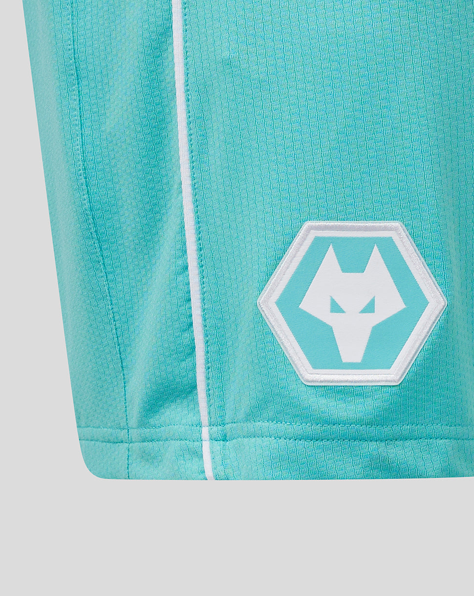 Close-up of teal fabric texture with a hex wolf logo patch on Wolves Pro Third Shorts