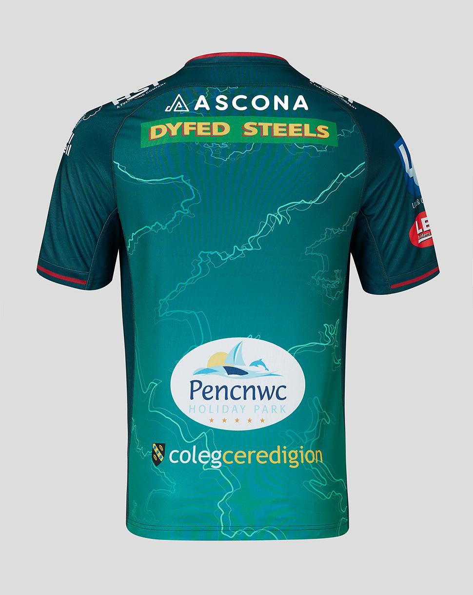 Scarlets away shirt back view with Dyfed Steels sponsor graphic and additional logos across the shoulders.