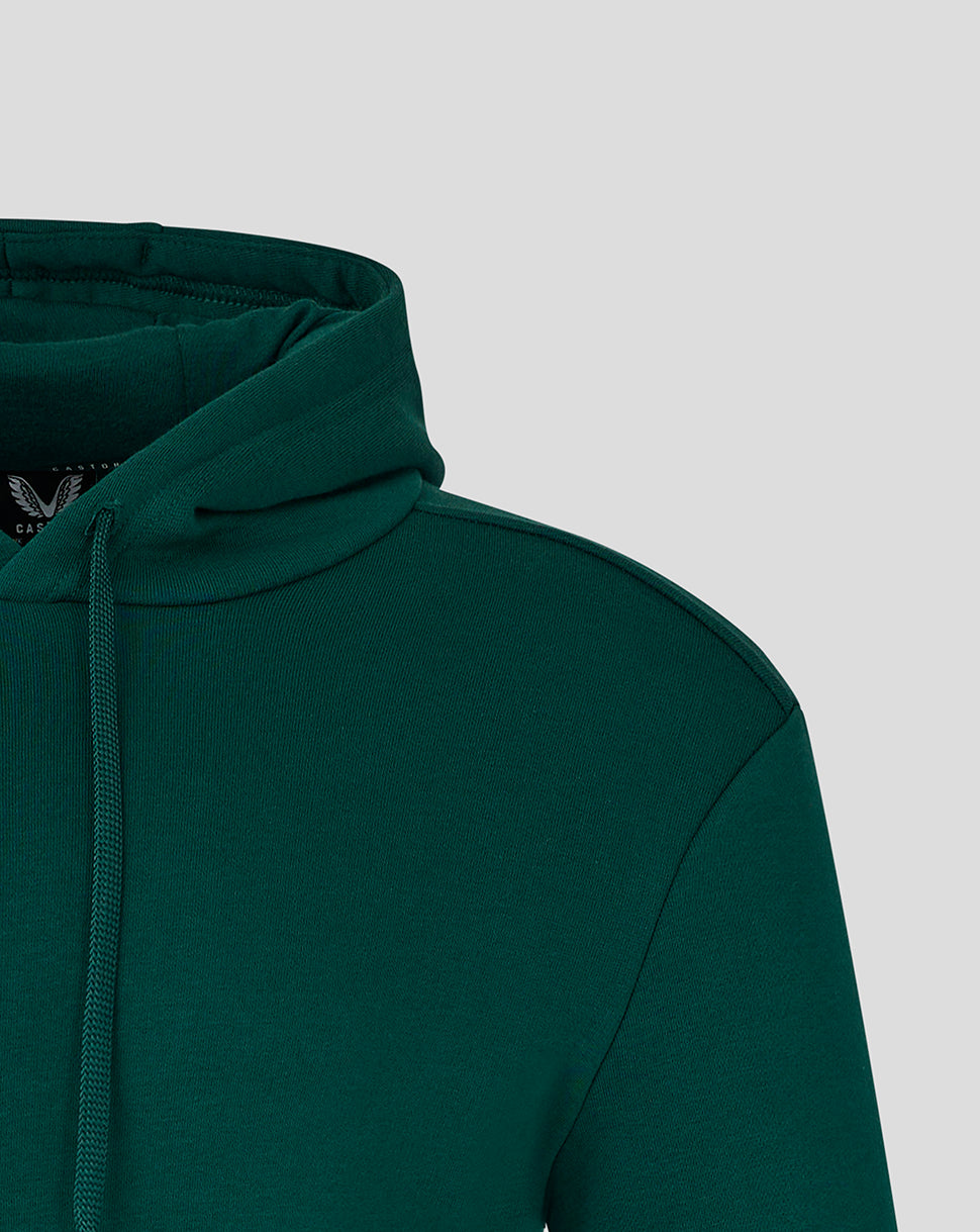Close-up of hood and neckline on green hoodie with drawstring and chest logo