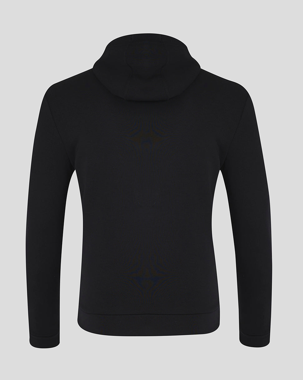 Back view of black Ulster rugby hoodie with attached hood and minimal stitching.