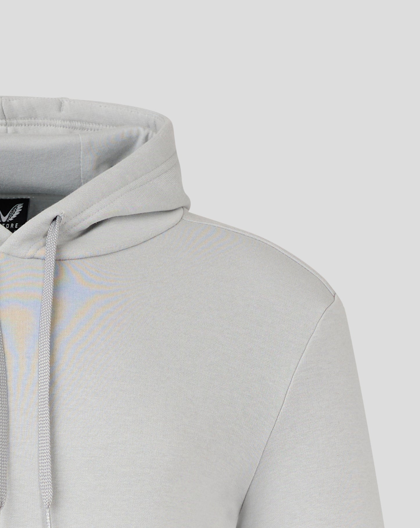 Close up of light grey hoodie showing jersey lined hood drawstrings and Castore label at the seam