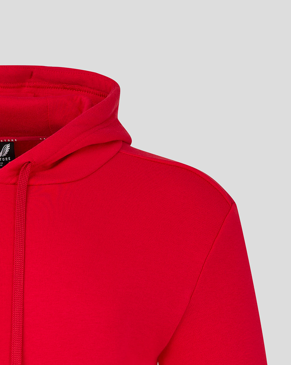 Close up of a red mens cotton hoodie showing the hood and shoulder seam