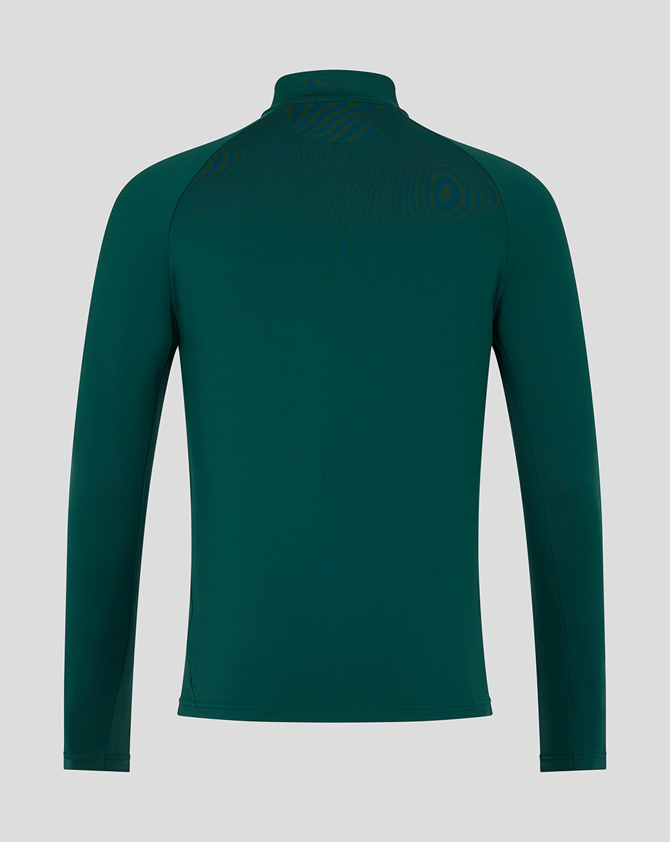 Back view of green Harlequins Lifestyle Quarter Zip top with raised collar