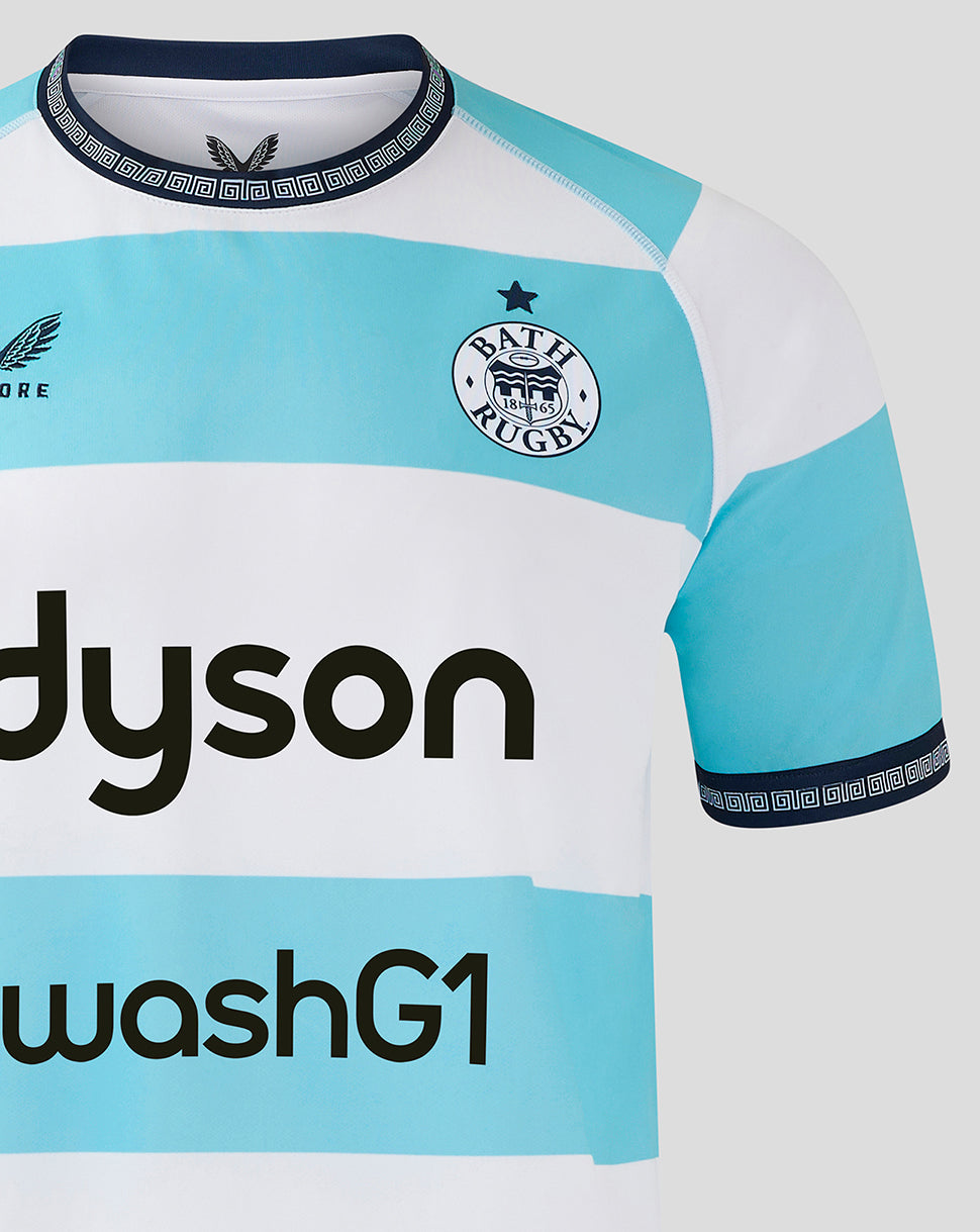 Close-up of Bath Rugby jersey chest with Dyson sponsor across the front and Bath Rugby crest on left chest