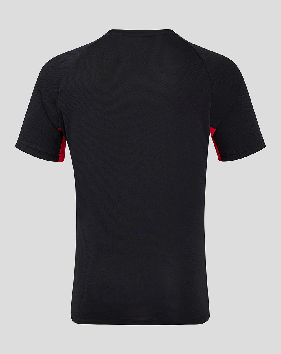 Back view of black Saracens matchday short sleeve tee with red contrast sleeve panels
