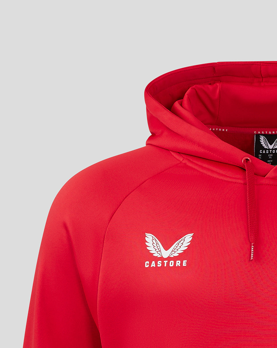 Close-up of red Scarlets Pro Players Hoody showing hood and chest logos with drawcord