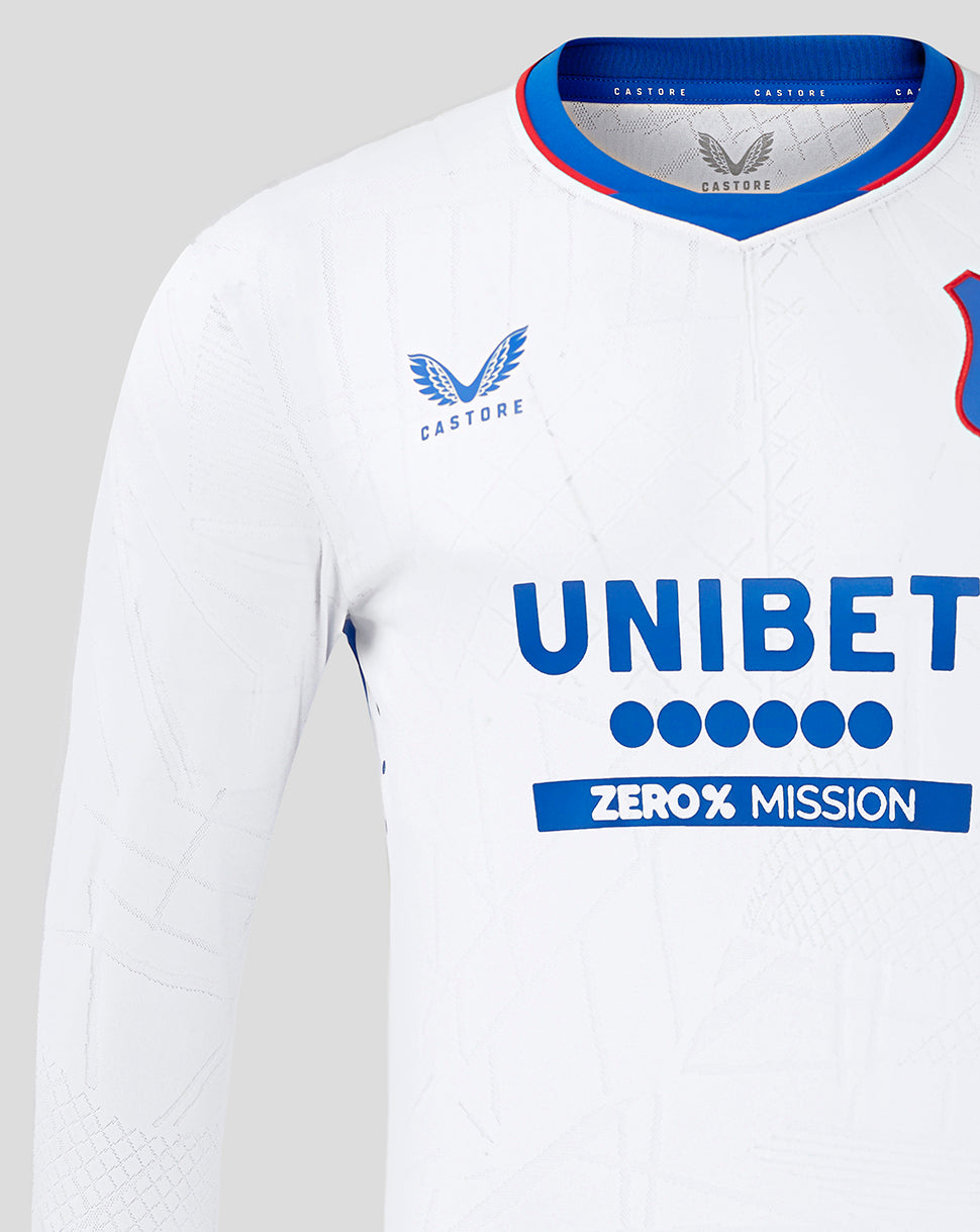 Front view of white Rangers away shirt with UNIBET sponsor and Castore branding and left chest crest