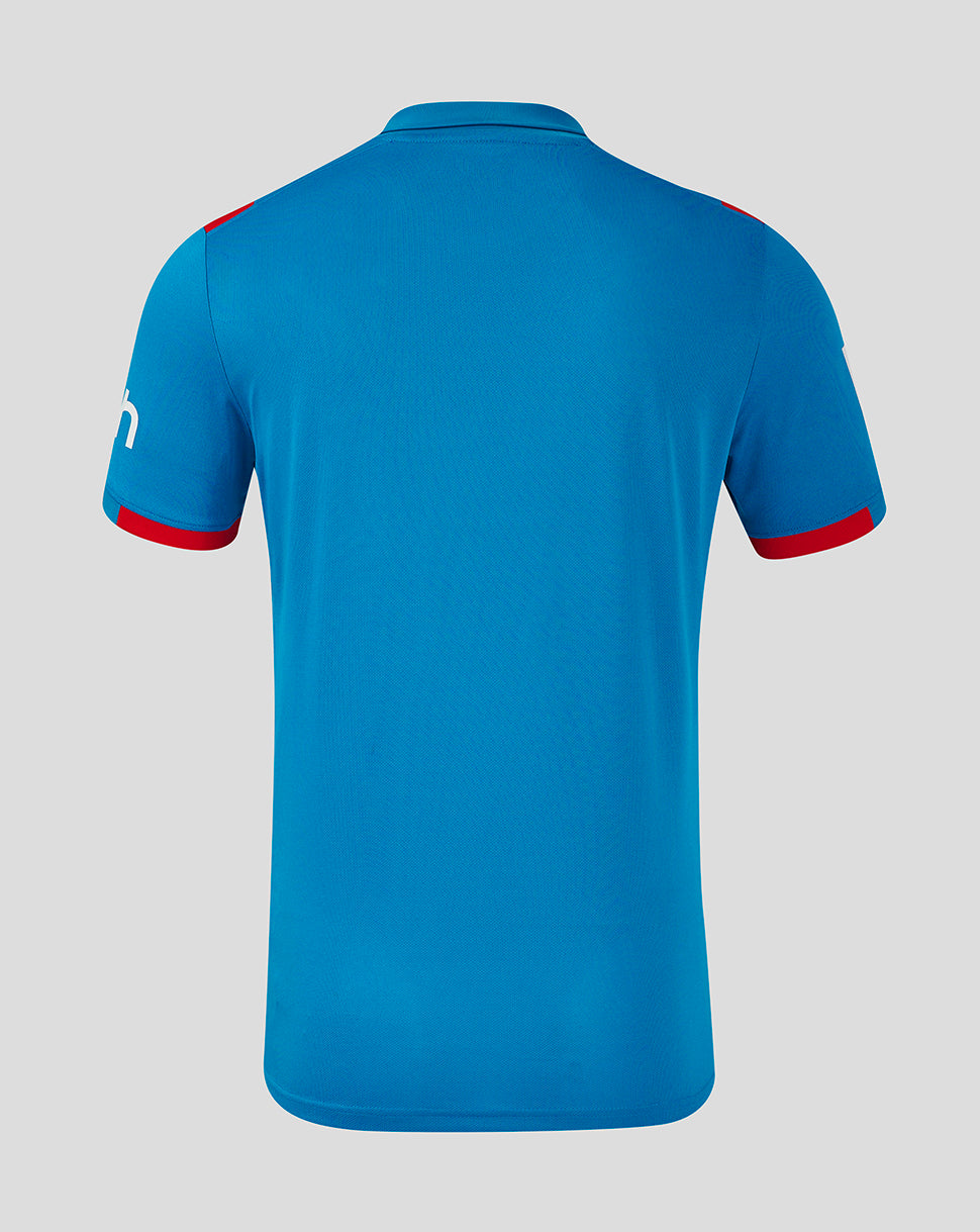 Back view of the blue England ODI shirt showing the collar and red-trimmed short sleeves