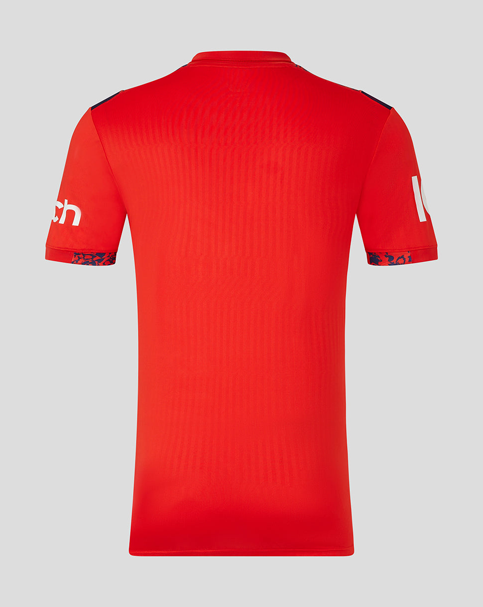 Back view of red England Cricket Pro Short Sleeve T20 shirt with shoulder panels and mesh underarm detailing.