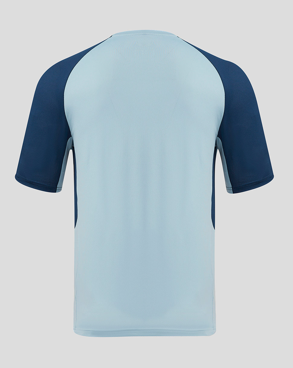 Back view of Rangers training shirt with light blue body and navy sleeves.