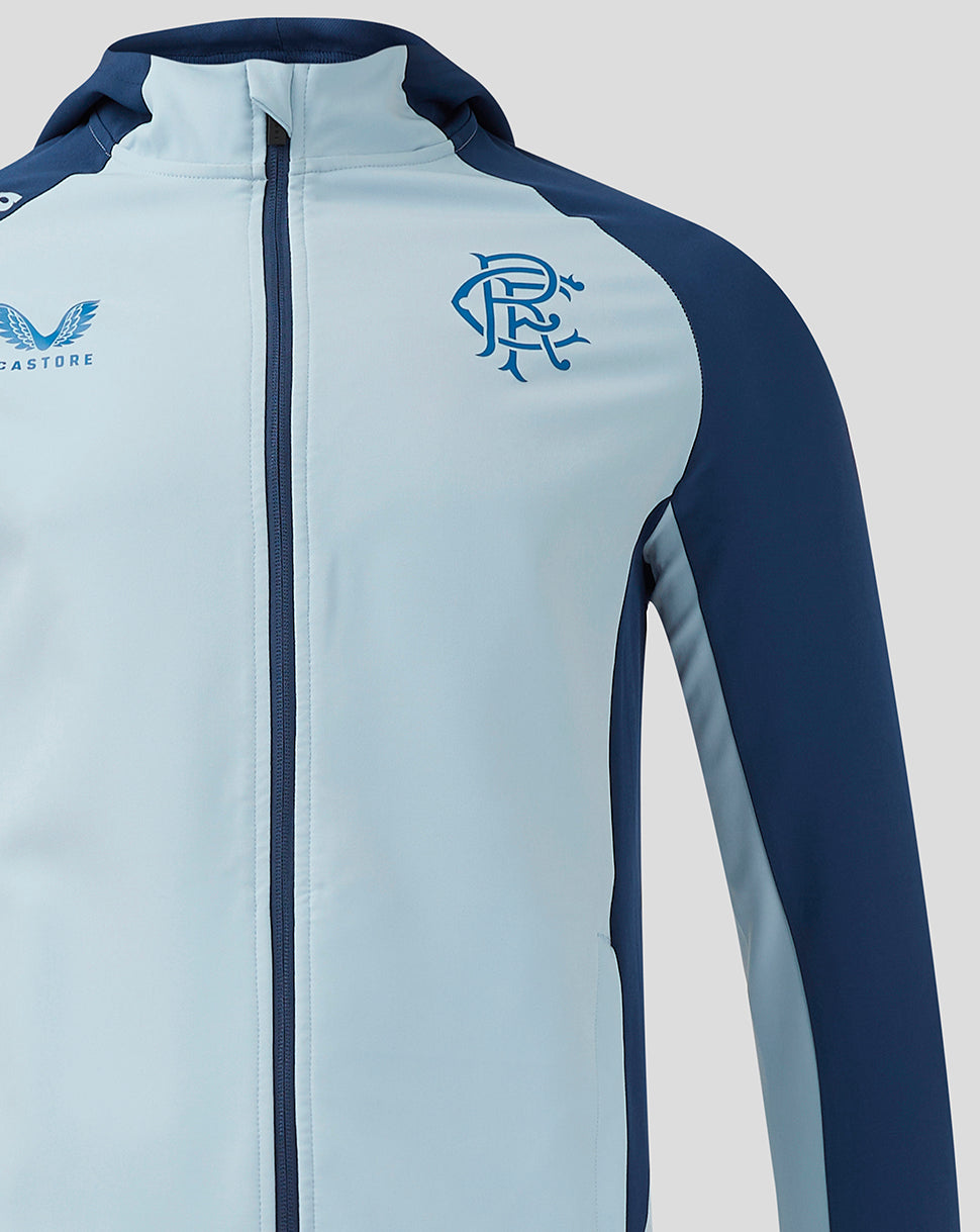 Front close-up of Rangers jacket with crest on left chest light blue body and navy sleeves with visible zipper.