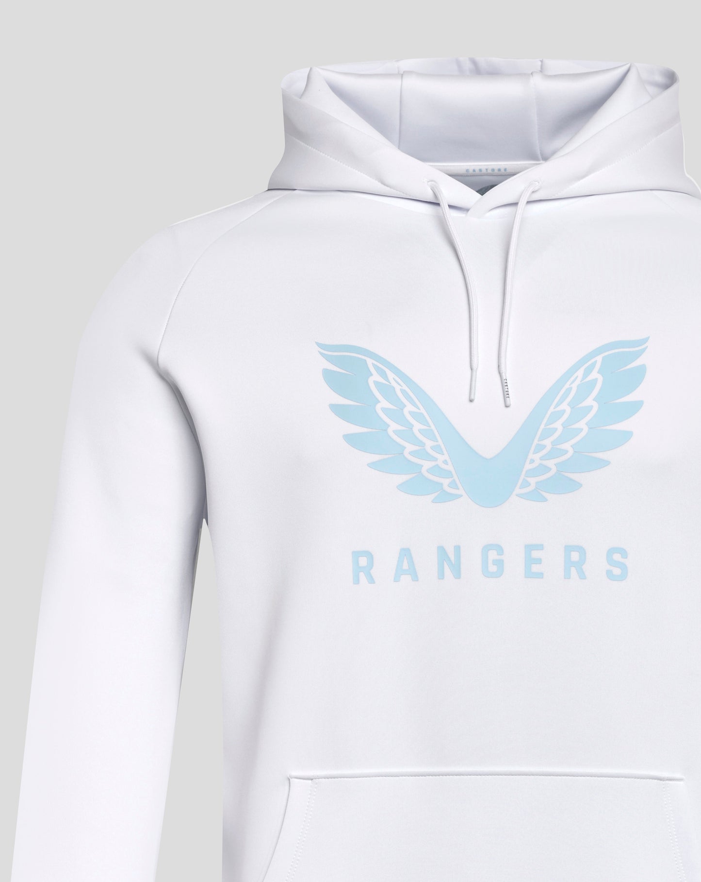 White Rangers hoodie with light blue wing emblem on the chest and a drawstring hood