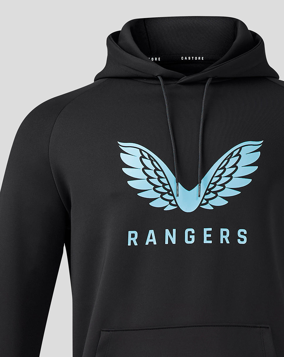 Front view of black Rangers Junior Pro Coaches Flex Hoody with light blue wing logo on chest.