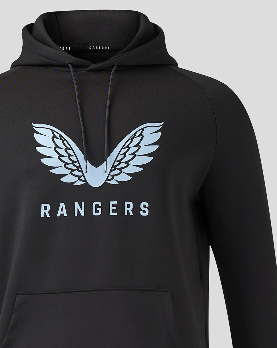 Rangers black hoodie with light blue wing logo and RANGERS text on the chest, hood with drawstrings and a kangaroo pocket