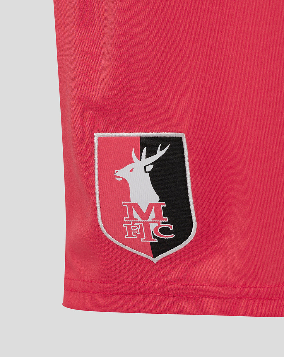 Close-up of Teaberry Mansfield Home Goalkeeper Shorts showing crest badge on the right thigh.