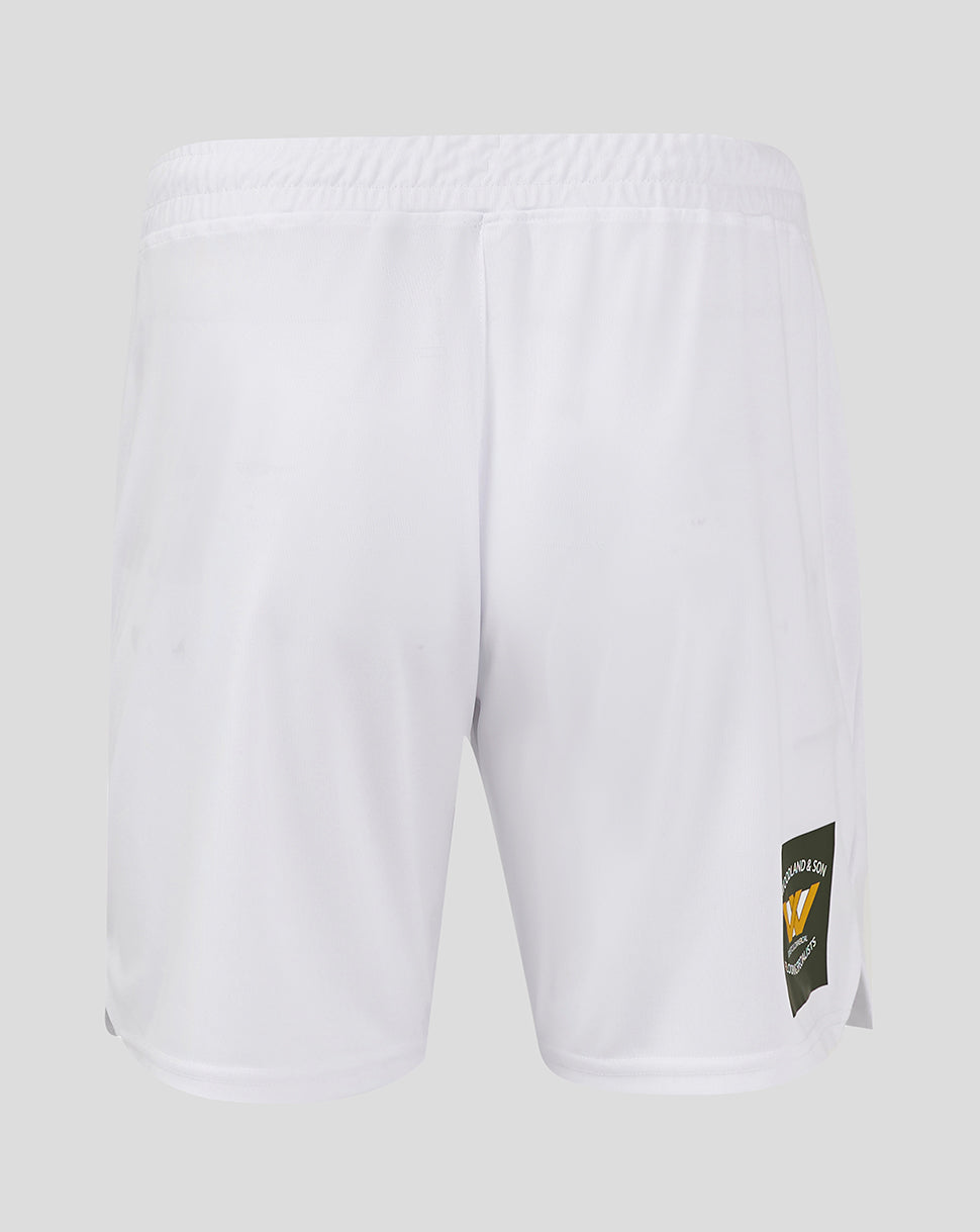 Back view of white Mansfield Away Shorts showing a dark square patch on the right leg hem