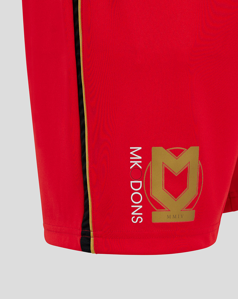 Red Mk Dons 24/25 away shorts with gold crest and black and gold side stripe