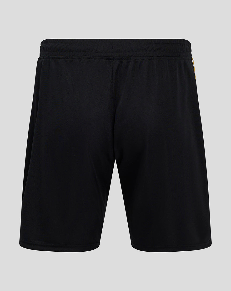 Back view of black Mk Dons 24/25 third shorts with an elastic waistband.