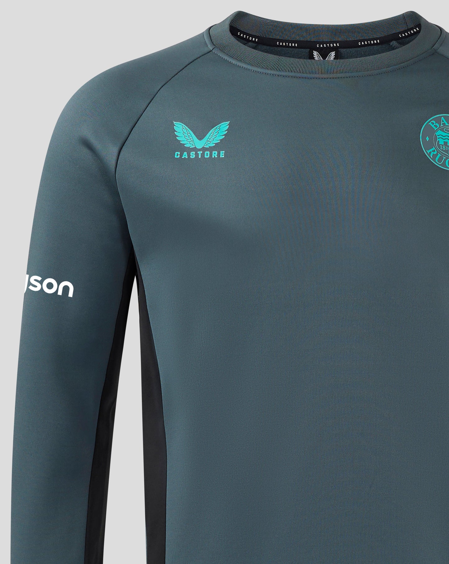 Upper torso close-up of Bath Rugby Men's 24/25 Players Training Sweatshirt highlighting crest and contrast panel
