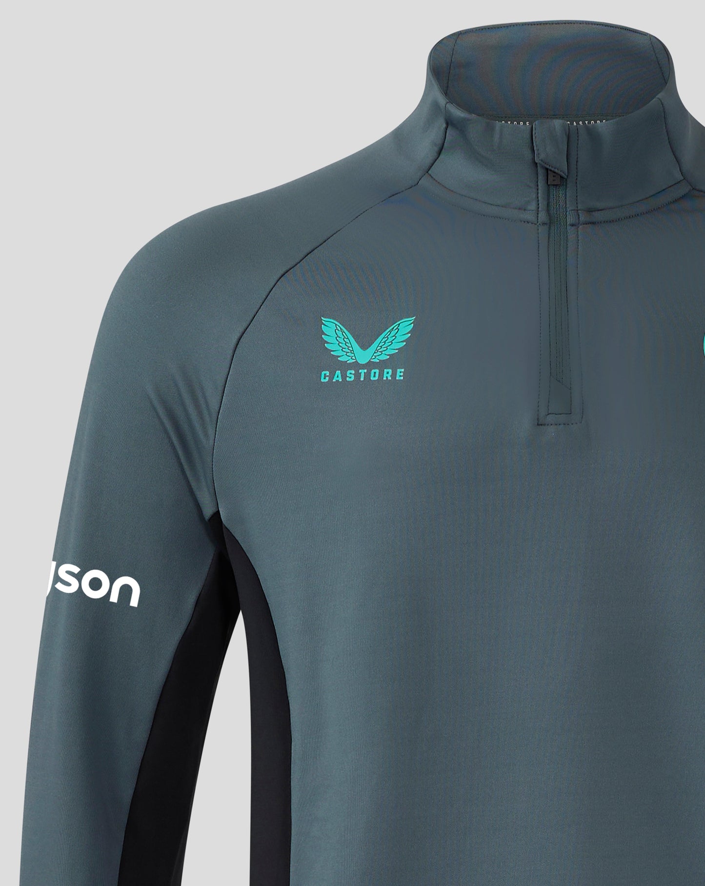 Front view of Bath Rugby Pro Players quarter zip midlayer in teal with center zip, Castore logo on left chest and Bath Rugby crest on right chest