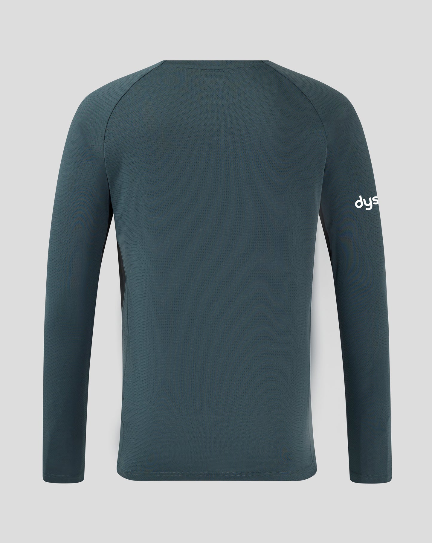 Back view of Bath Rugby training long sleeve shirt in teal with curved shoulder seams and rounded hem.