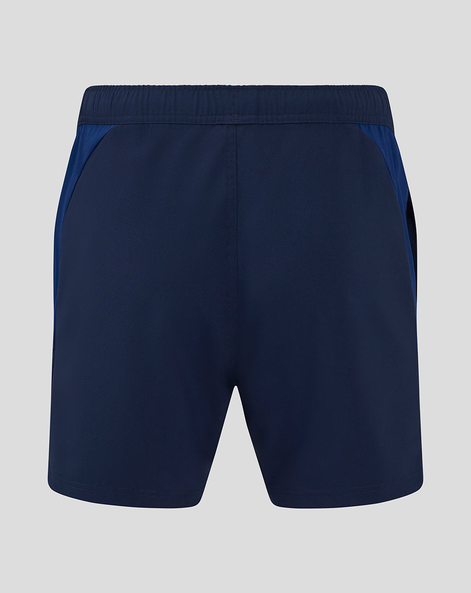 Navy Scarlets training shorts with light blue side panels and an elastic waistband, back view.
