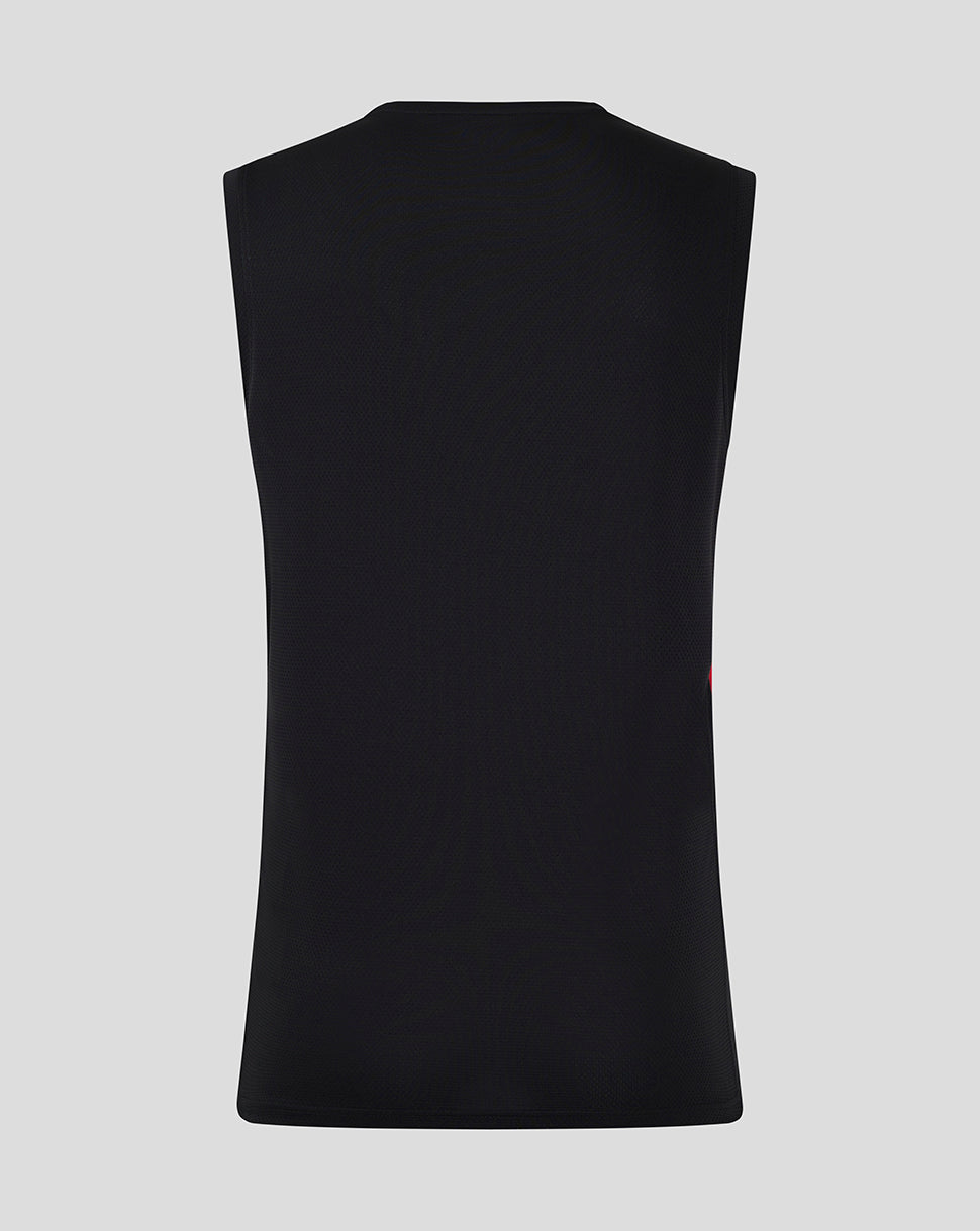 Back view of black Saracens matchday vest with plain fabric.
