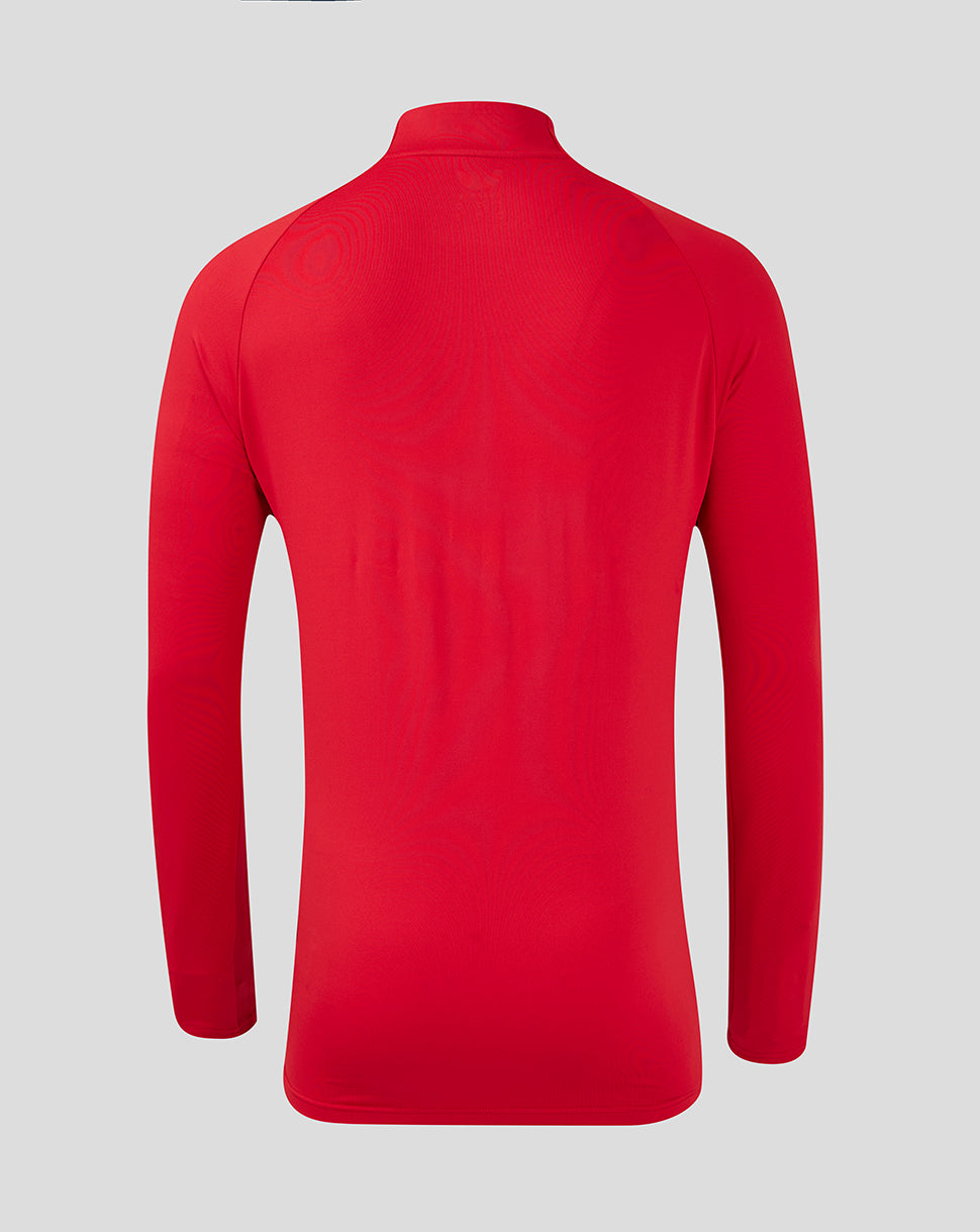 Back view of red Saracens training quarter zip top showing clean shoulder seams and high collar.