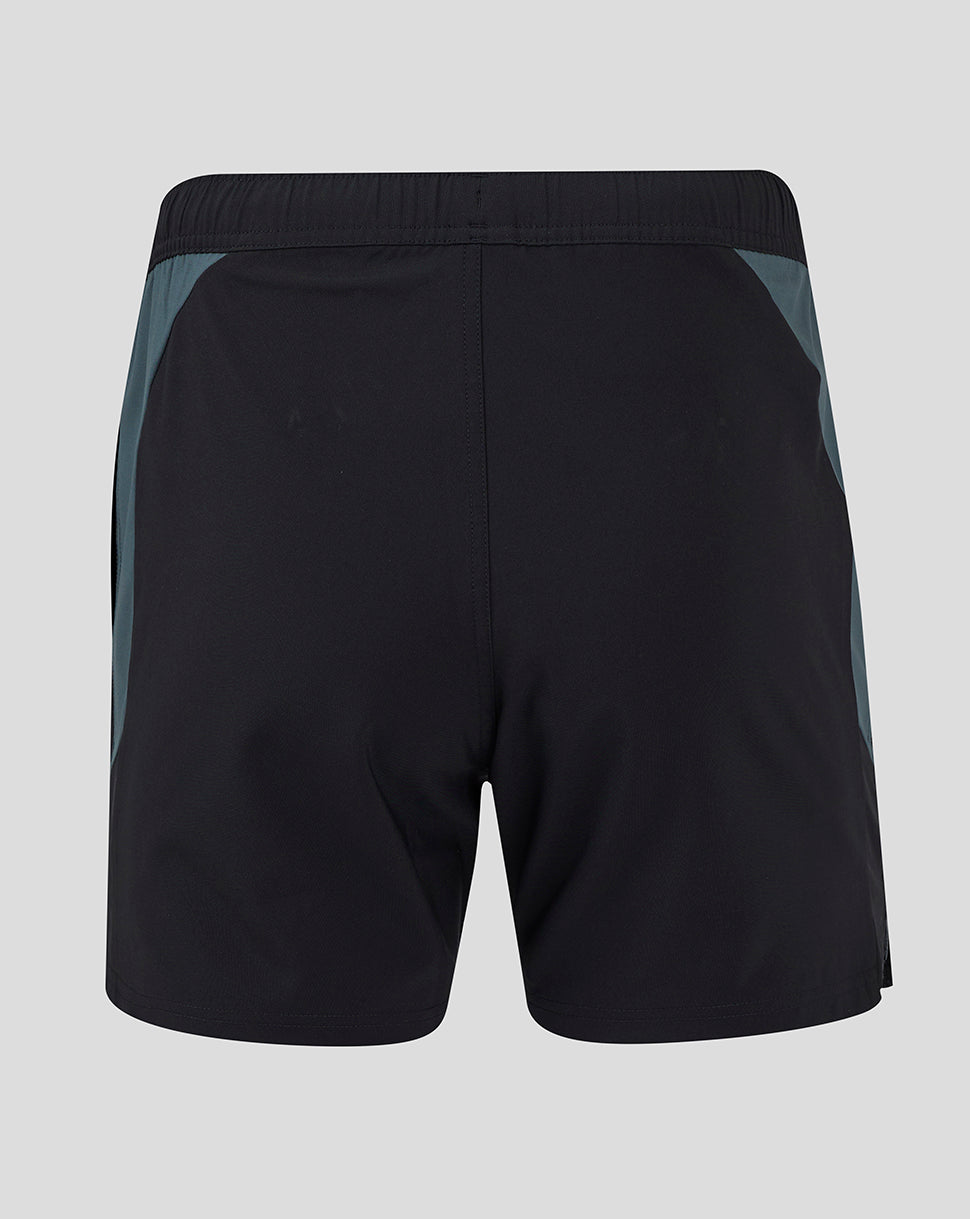 Back view of black Saracens training shorts featuring teal side panels
