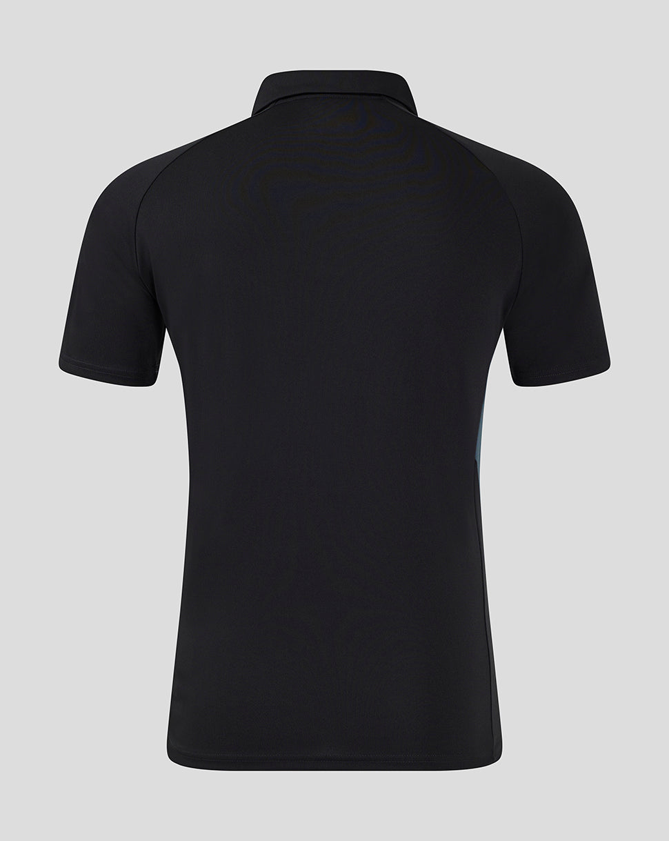 Back view of black Saracens presentation polo showing clean silhouette and short sleeves