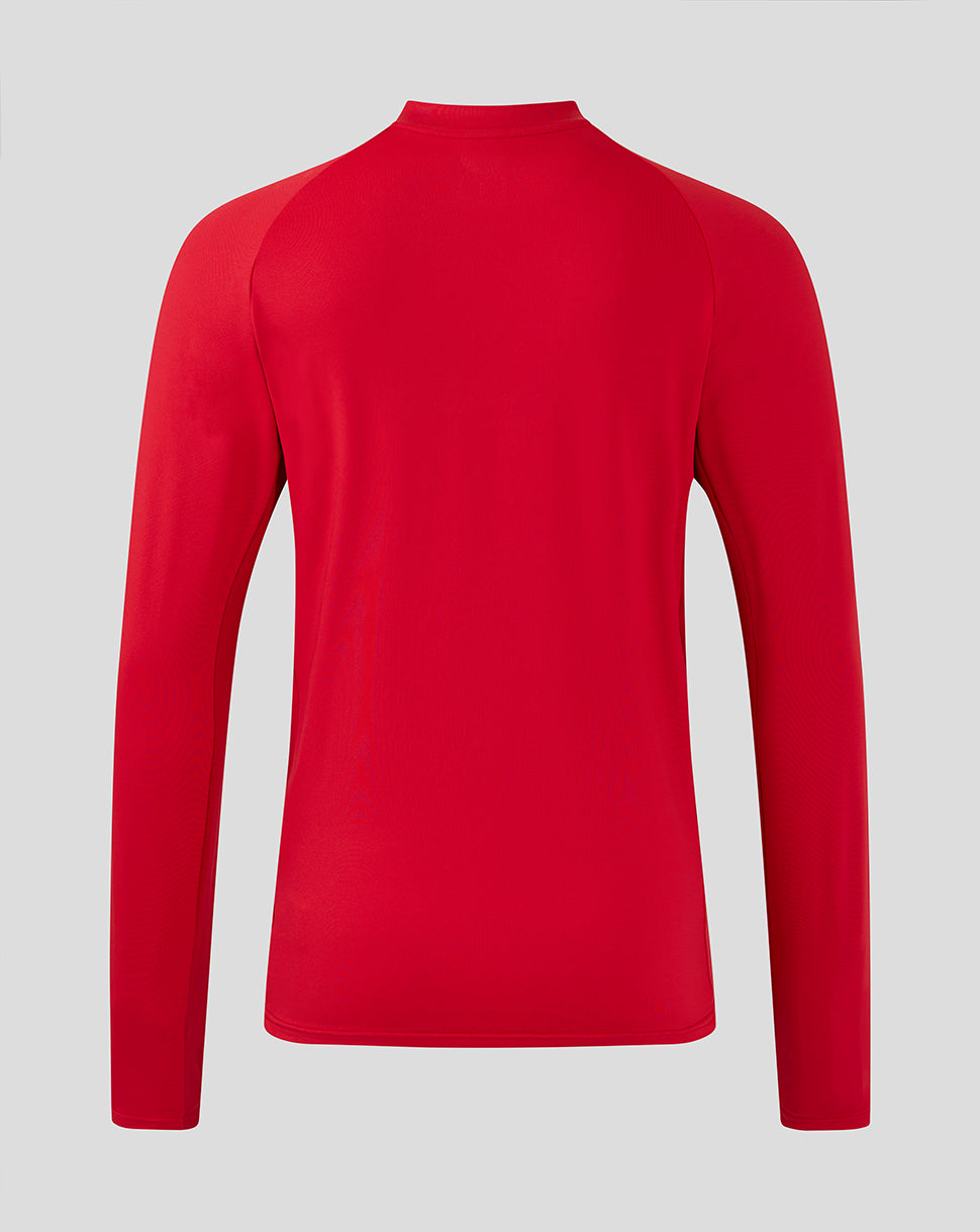 Back view of red Saracens training midlayer with long sleeves