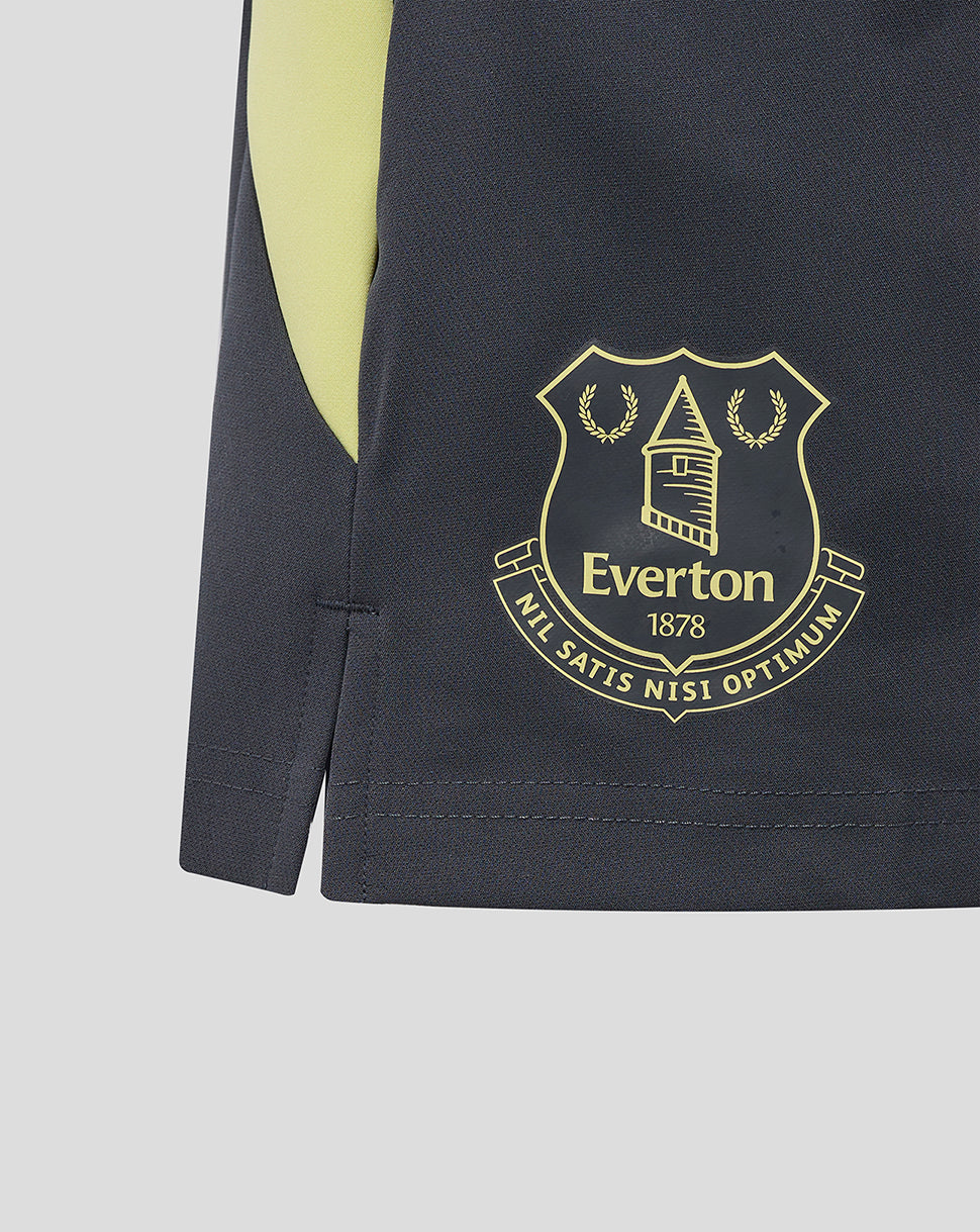Gold Everton crest on navy fabric of woven shorts