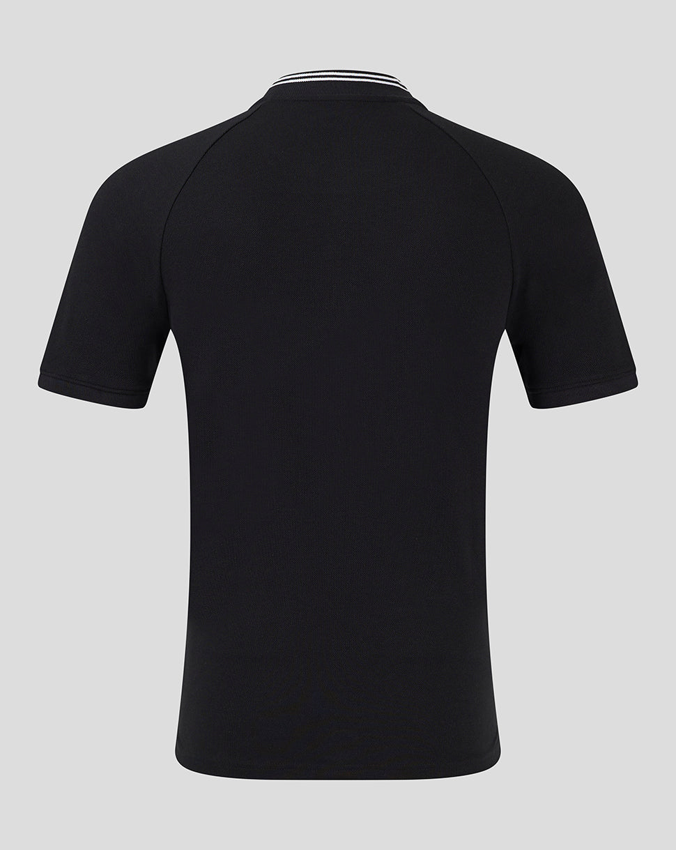 Back view of black Rangers polo with white striped rib collar