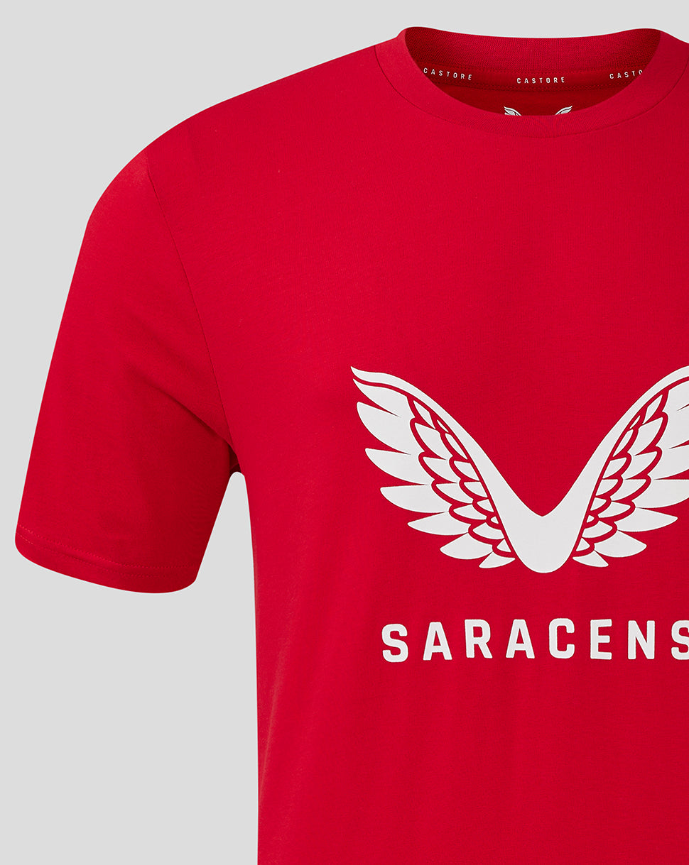 Close up of red Saracens tee featuring white wing emblem on chest