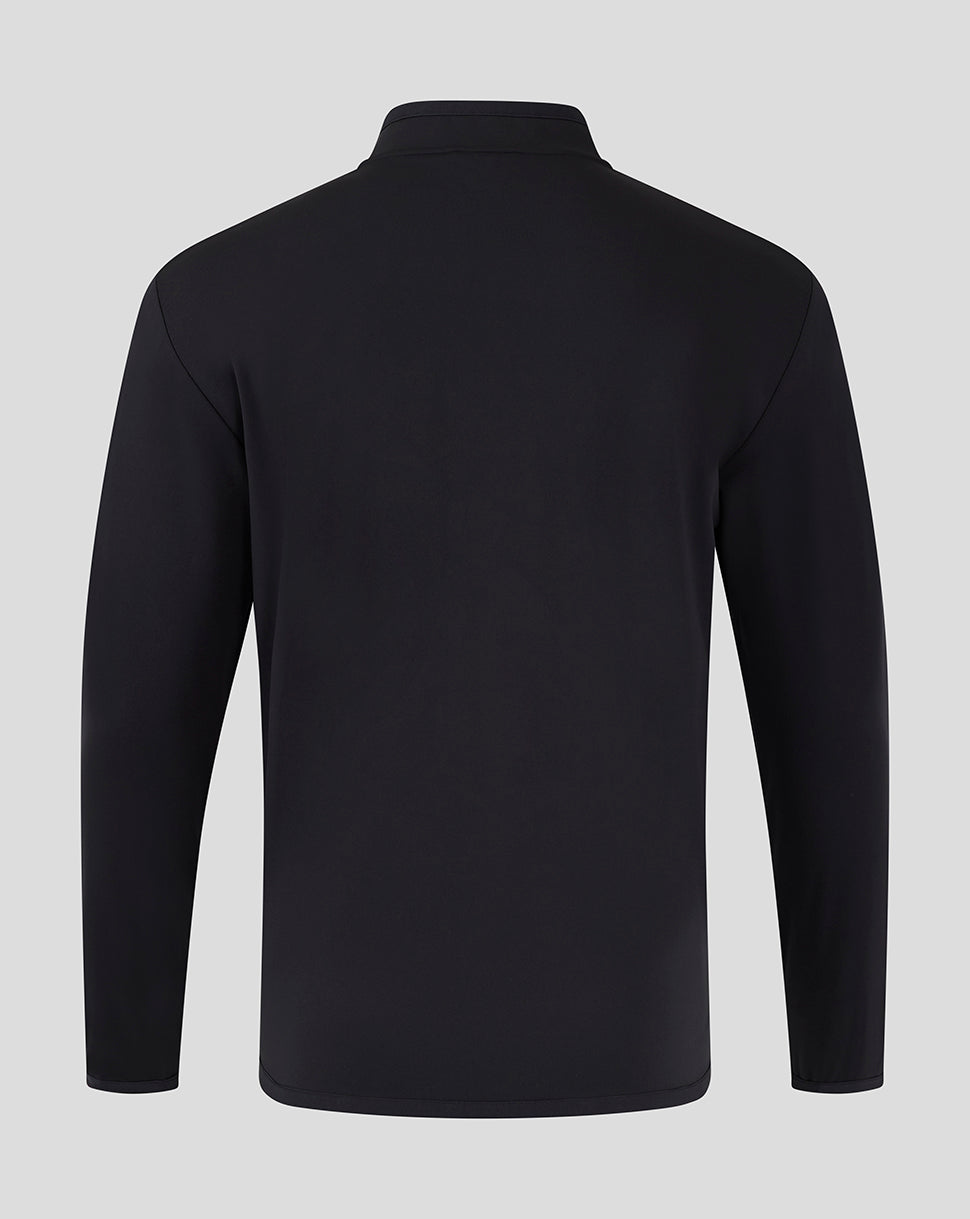 Back view of black Mansfield Travel Jacket showing clean silhouette and stand collar