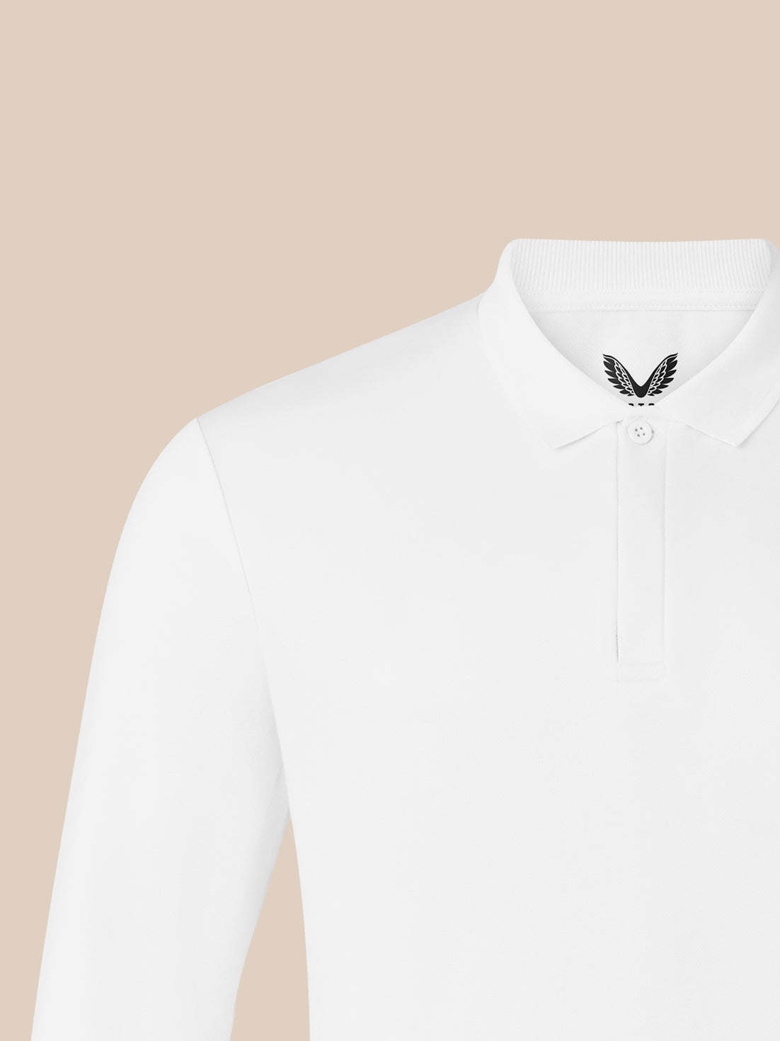White long sleeve polo shirt with ribbed collar and button placket featuring embroidered chest detail