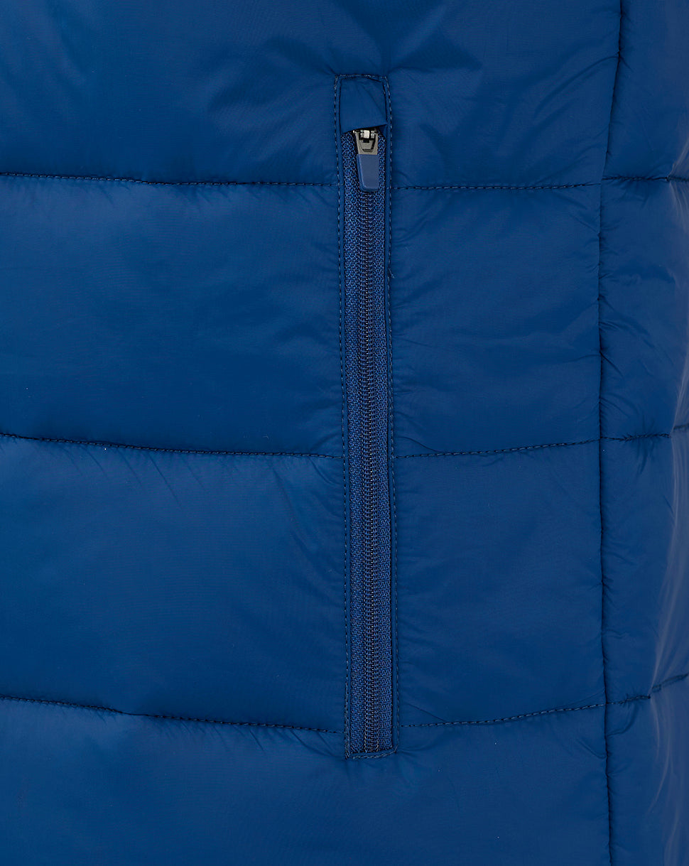 Close up of navy Rangers core fan gilet zipper on padded sleeveless jacket