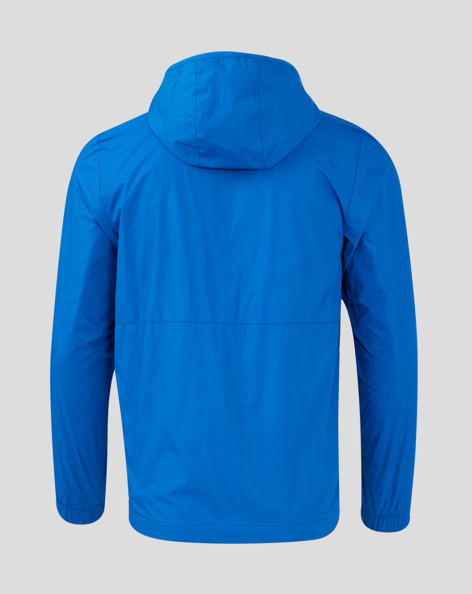 Back view of blue Rangers FC Core Summer Jacket showing hood and seam lines