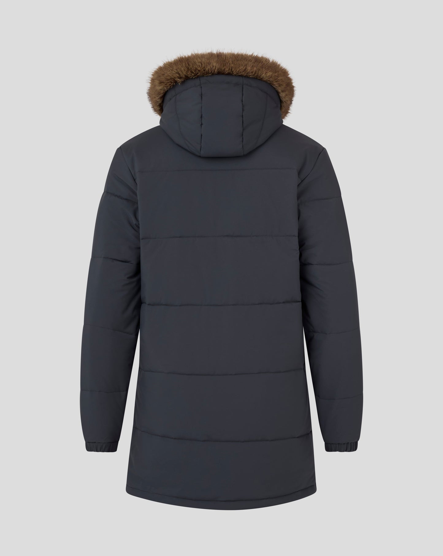 Back view of navy Rangers FC Parka hood with brown fur trim.