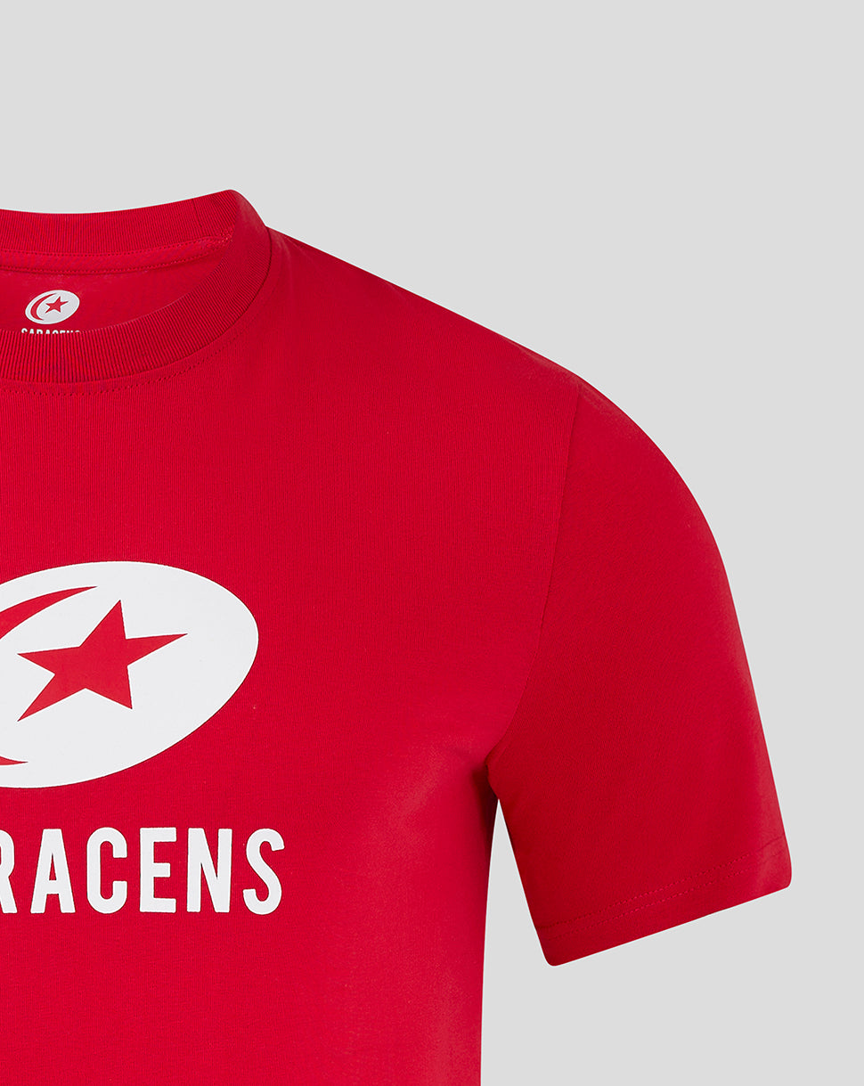 Red Saracens Core Crest T shirt with a white crest graphic on the front