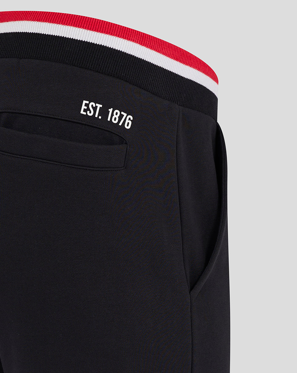 Back view of black Saracens Men’s Classic Joggers showing EST 1876 above the back pocket.