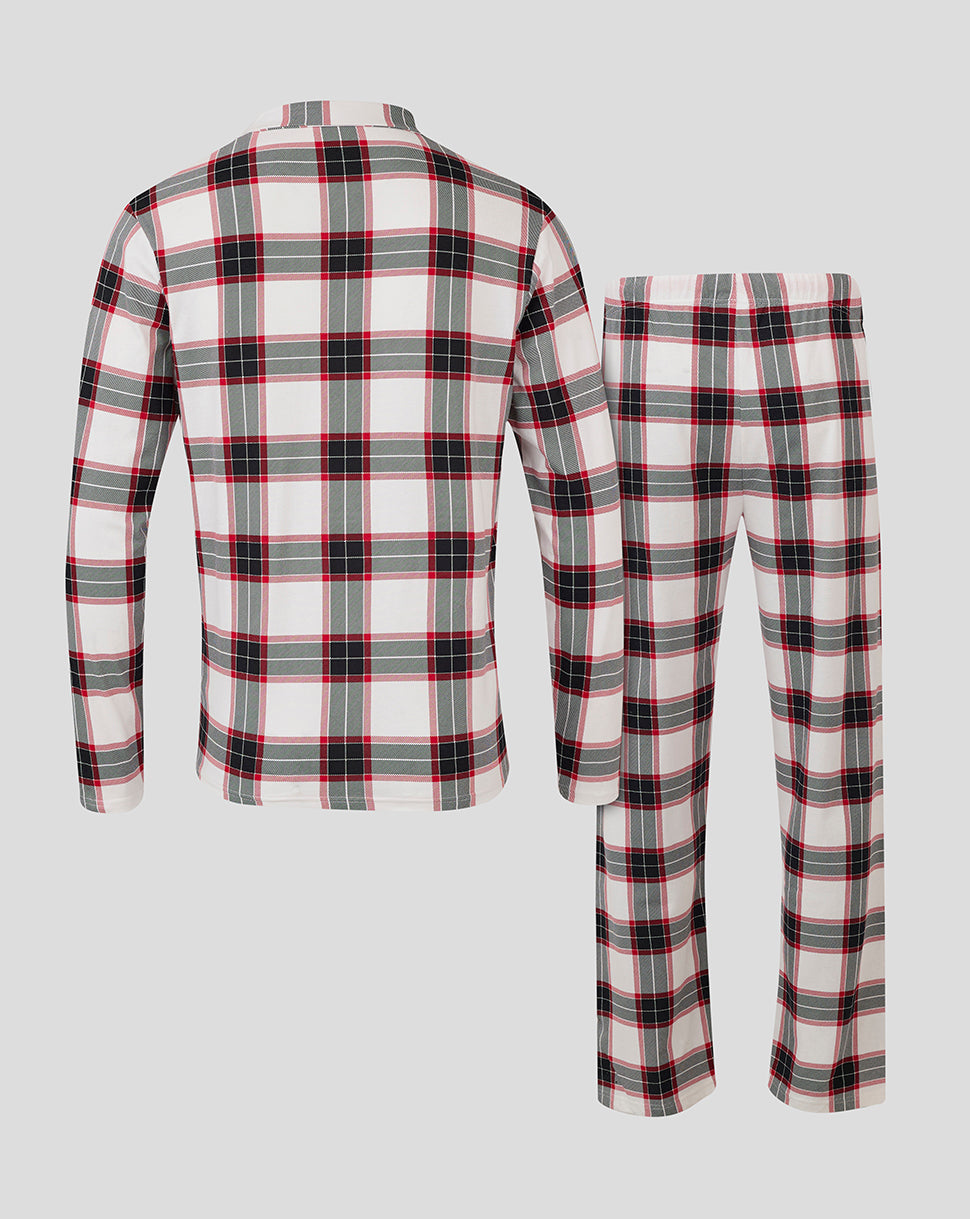 Back view of Saracens men's long plaid pajama set with matching plaid pants