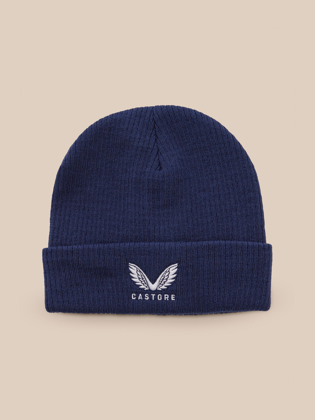 Navy knit beanie with a folded cuff and CASTORE logo