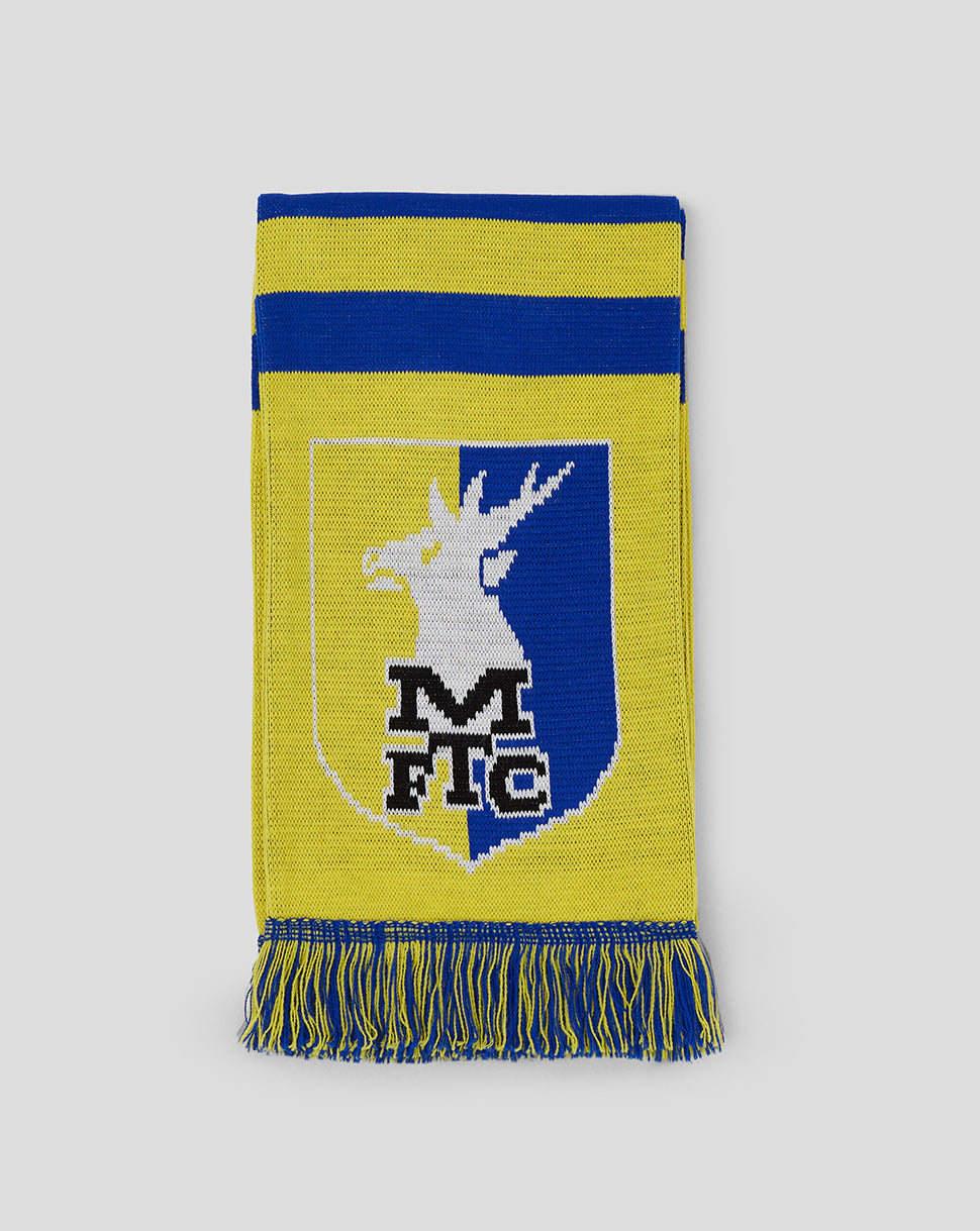 Folded Mansfield Town fan scarf showing crest and bold yellow and blue stripes