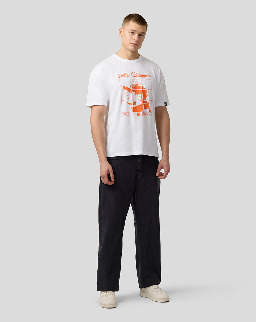 White Oracle Red Bull Racing T shirt with a large orange Max Verstappen graphic on the front