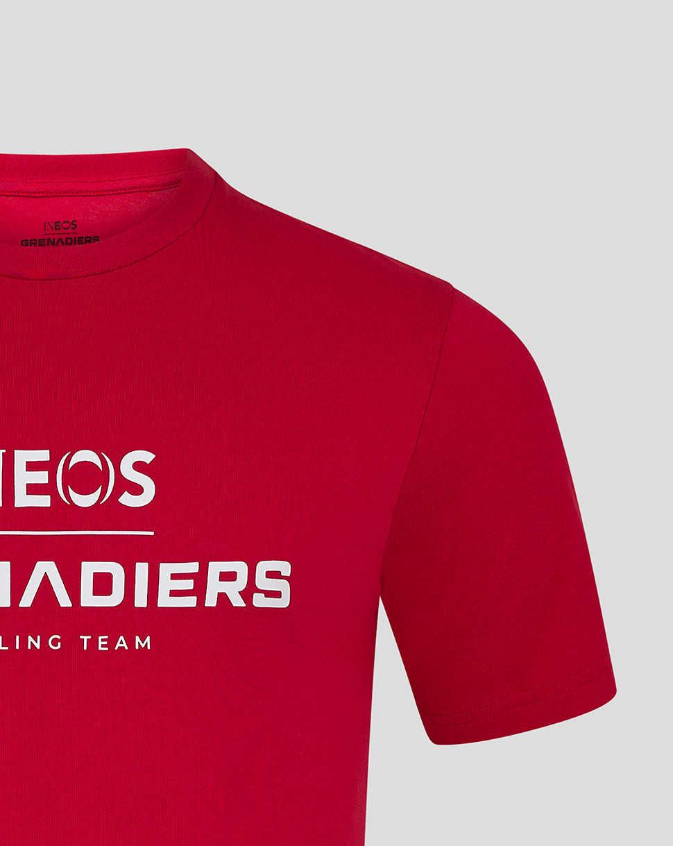 Red INEOS Grenadiers unisex short sleeve T shirt close up of chest with bold white branding