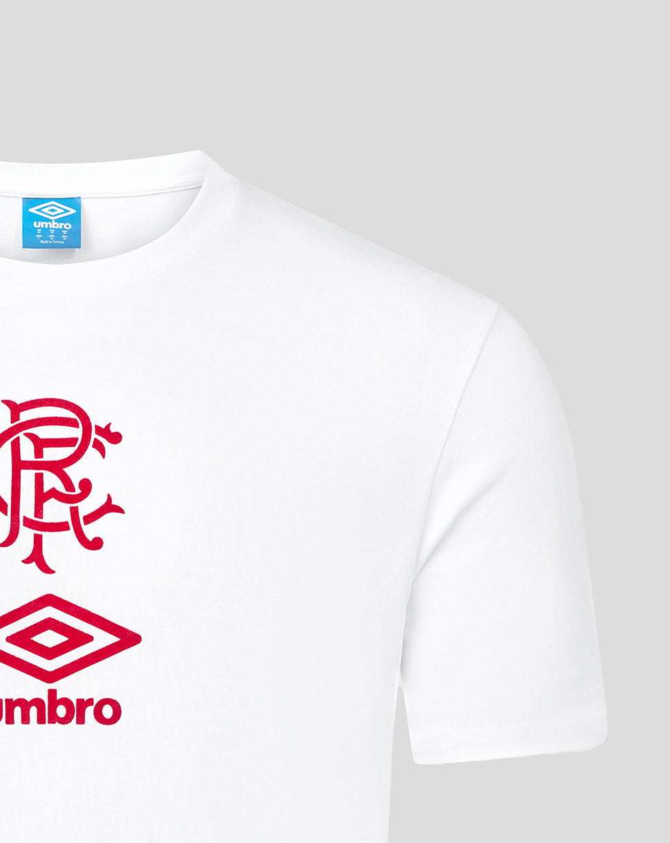 Close up of white Rangers tee showing red crest and Umbro logo near the neckline.