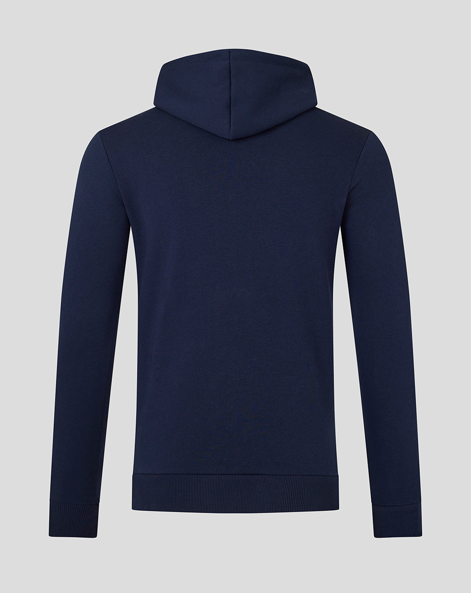 Back view of navy hoodie with hood up and ribbed hem and cuffs