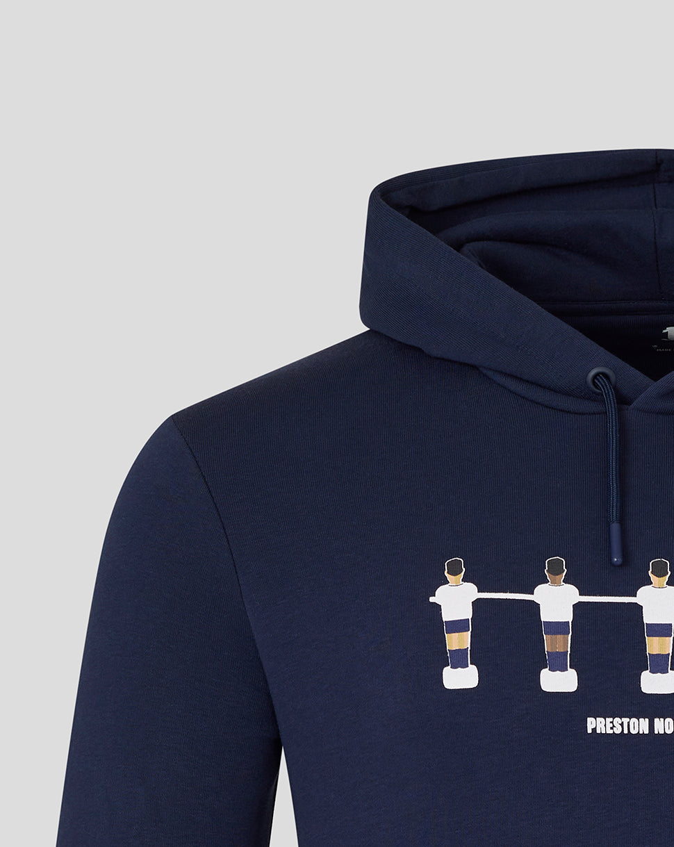 Detail of navy hoodie chest showing foosball players graphic and Preston North End text