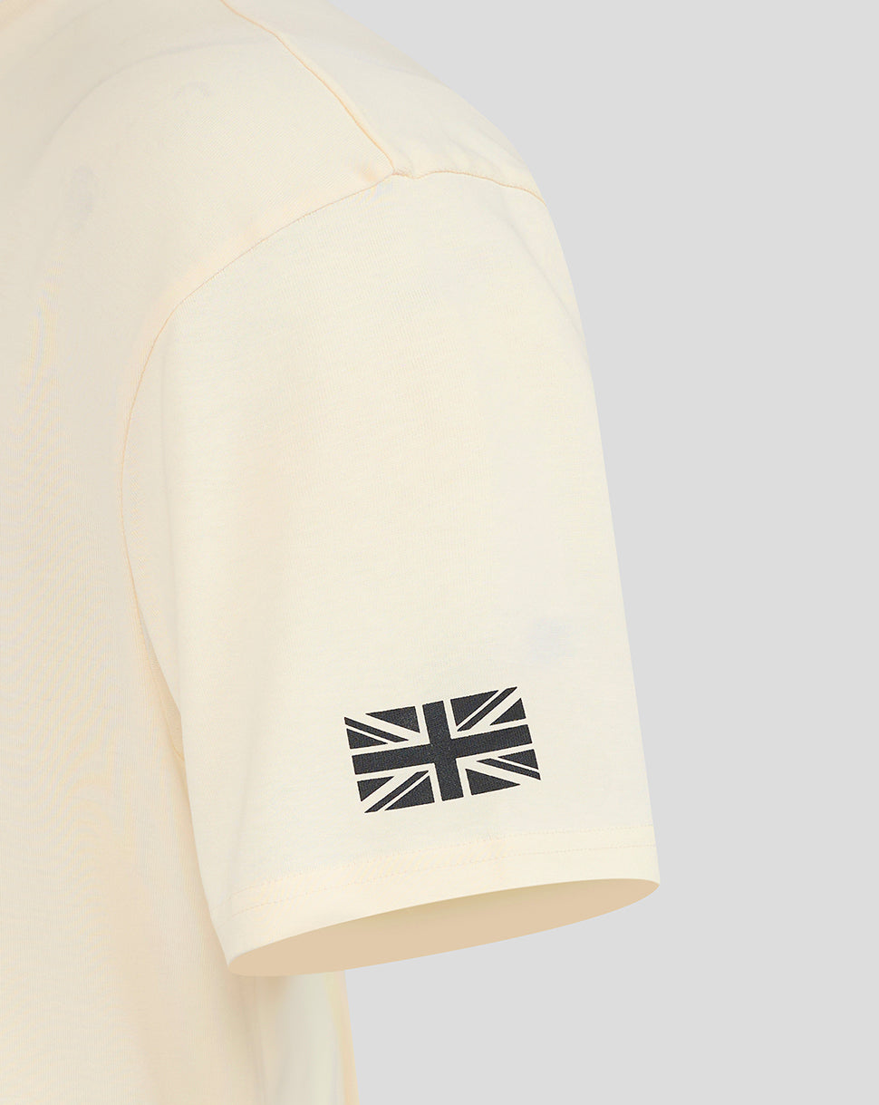 Cream T-shirt sleeve featuring a small black Union Jack graphic.